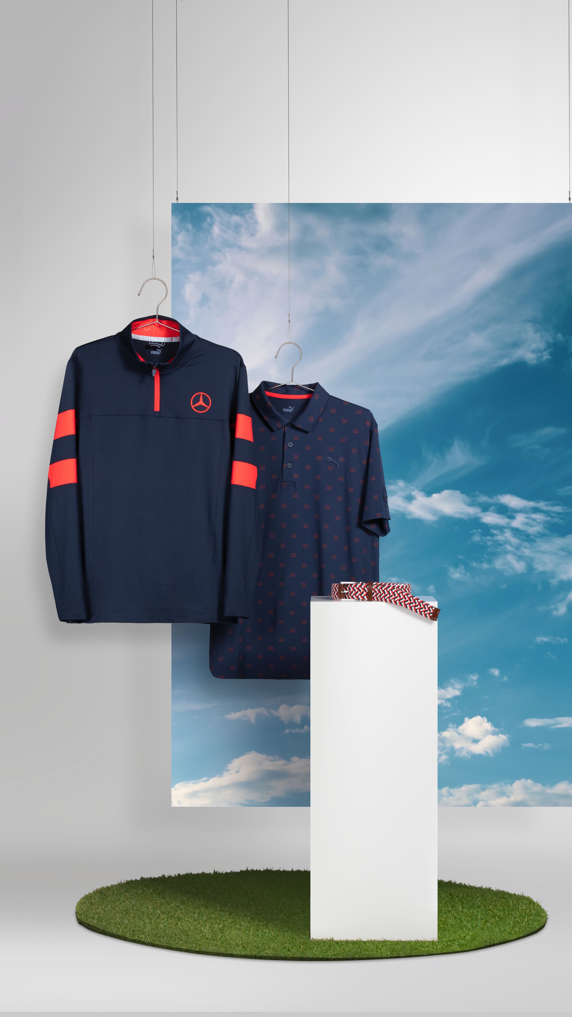 Men's golf polo shirt (navy) & Men's golf sweater (navy/red) & golf belt
