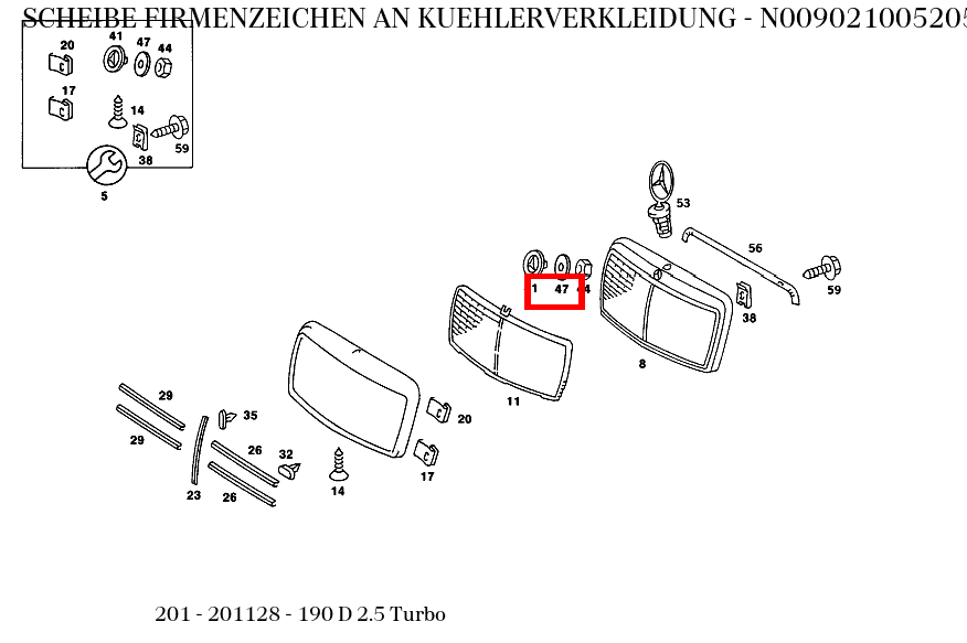 Scheibe FIRMENZEICHEN AN KUEHLERVERKLEIDUNG 190 D 2.5 Turbo 201