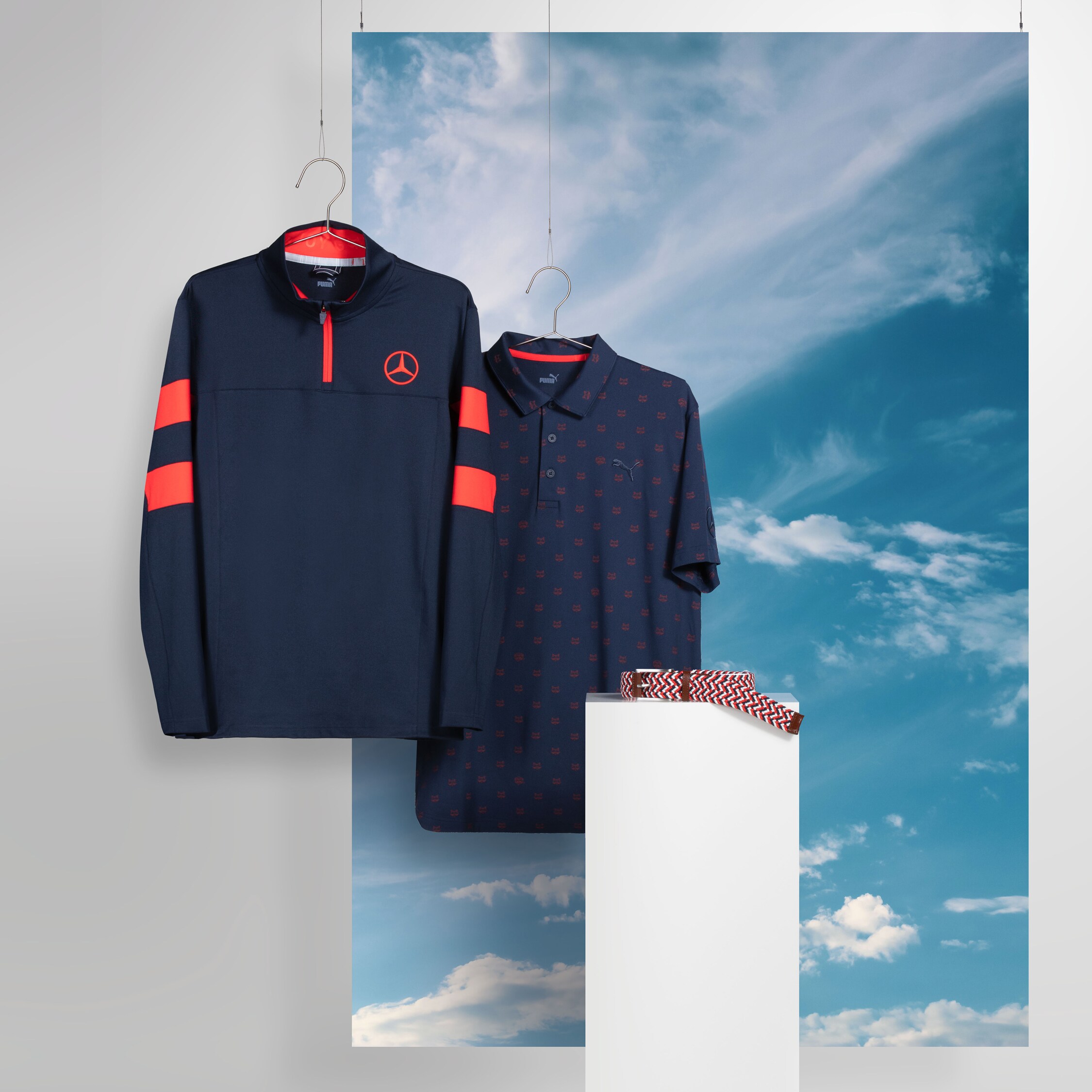Men's golf polo shirt (navy) & Men's golf sweater (navy/red) & golf belt