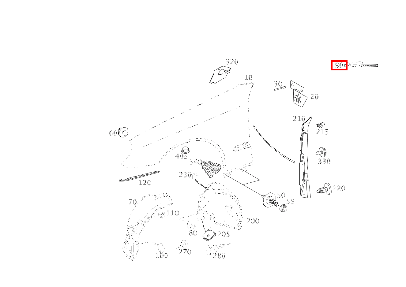 TYPENKENNZEICHEN AN KOTFLUEGEL,VORN LINKS UND RECHTS; 6.3 AMG E 63 AMG T-Modell 211
