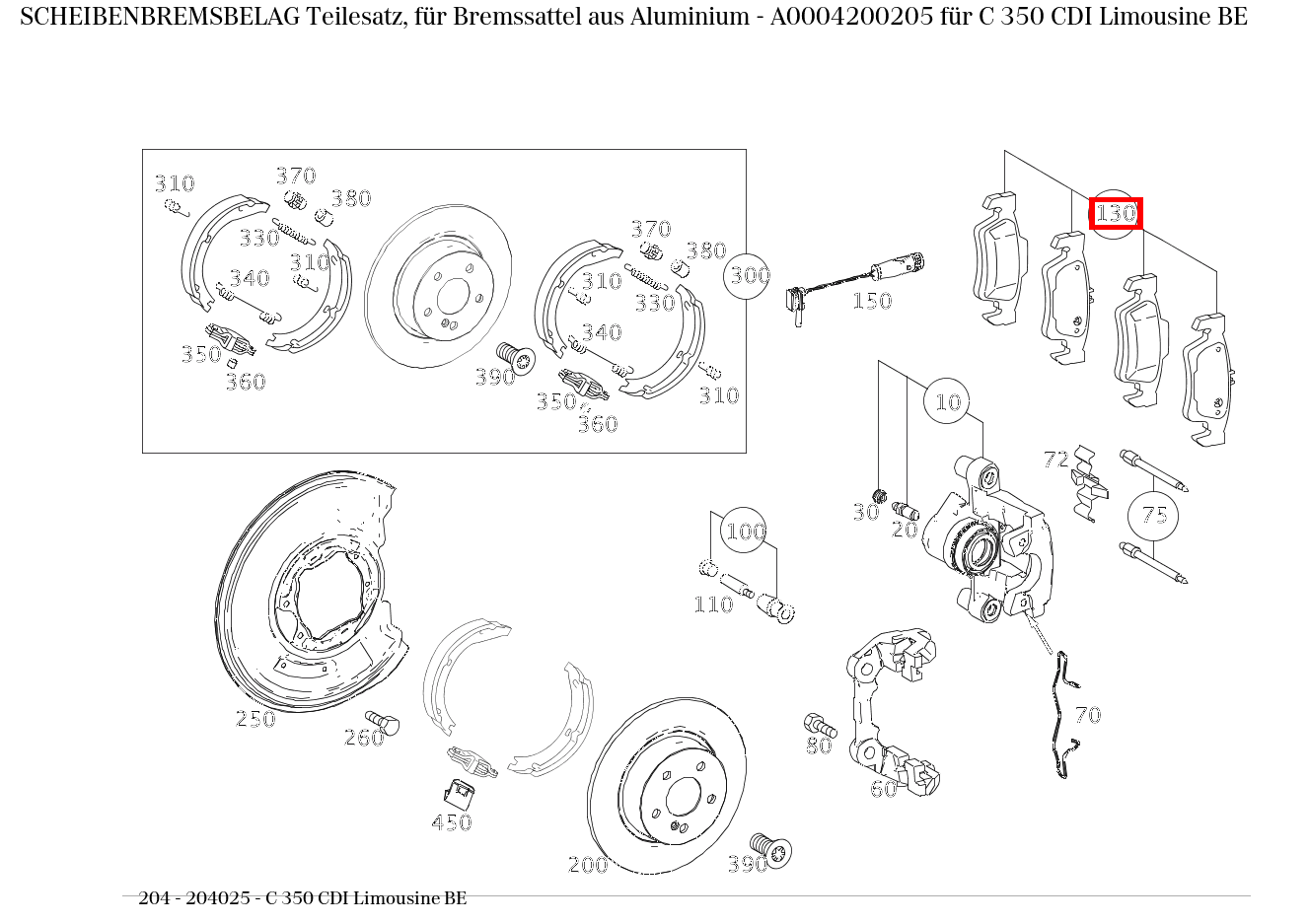 Scheibenbremsbelag Teilesatz, für Bremssattel aus Aluminium C 350 CDI Limousine BE 204