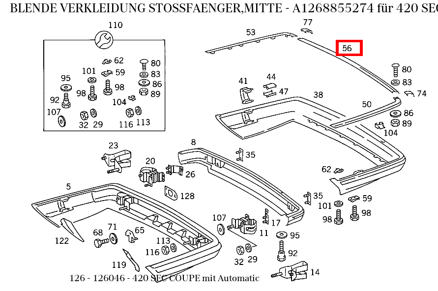 Blende VERKLEIDUNG STOSSFAENGER,MITTE 420 SEC COUPE mit Automatic 126