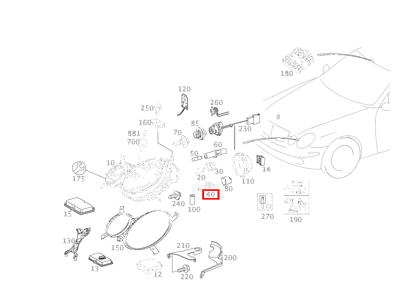 GASENTLAD.LAMPE ABBLENDLICHT UND FERNLICHT,RECHTS; D2S 12V-35W E 270 FG CDI Fahrgestell lang 211