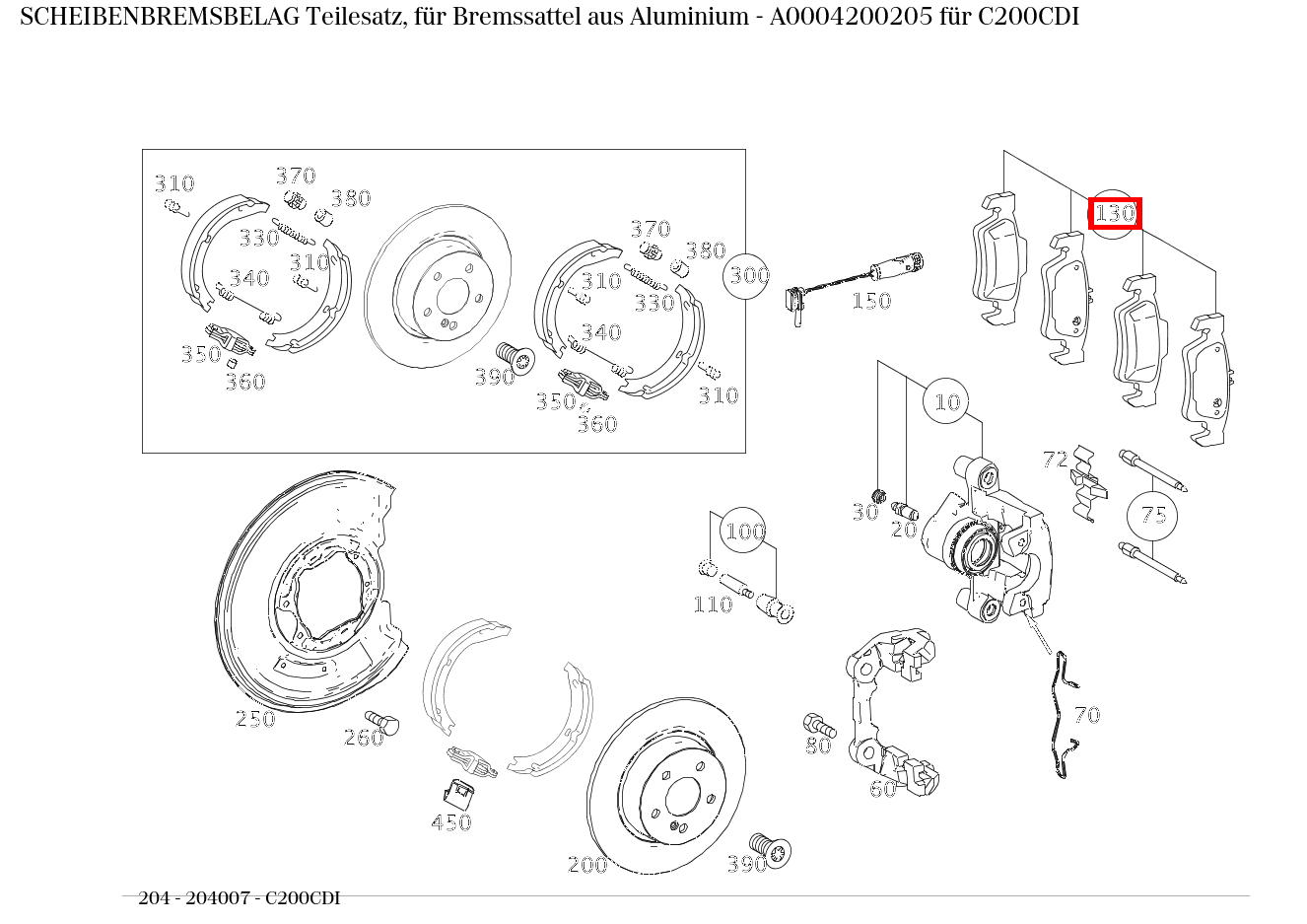 Scheibenbremsbelag Teilesatz, für Bremssattel aus Aluminium C200CDI 204