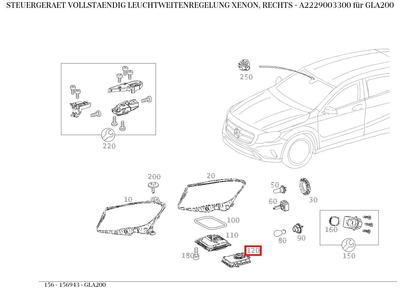 Steuergerät vollständig LEUCHTWEITENREGELUNG XENON, RECHTS GLA200 156 Steuergerät vollständig LEUCHTWEITENREGELUNG XENON, RECHTS GLA200 156