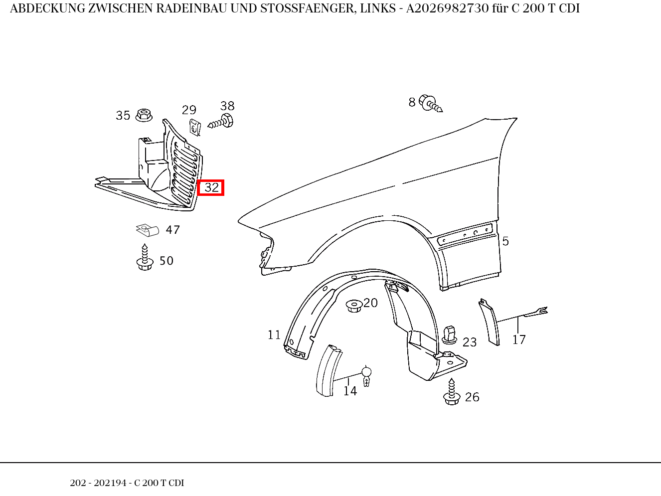 Abdeckung ZWISCHEN RADEINBAU UND STOSSFAENGER, LINKS C 200 T CDI 202