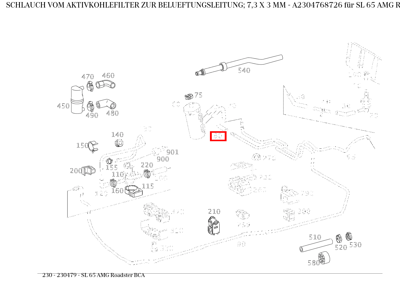 Schlauch VOM AKTIVKOHLEFILTER ZUR BELUEFTUNGSLEITUNG; 7,3 X 3 MM SL 65 AMG Roadster BCA 230