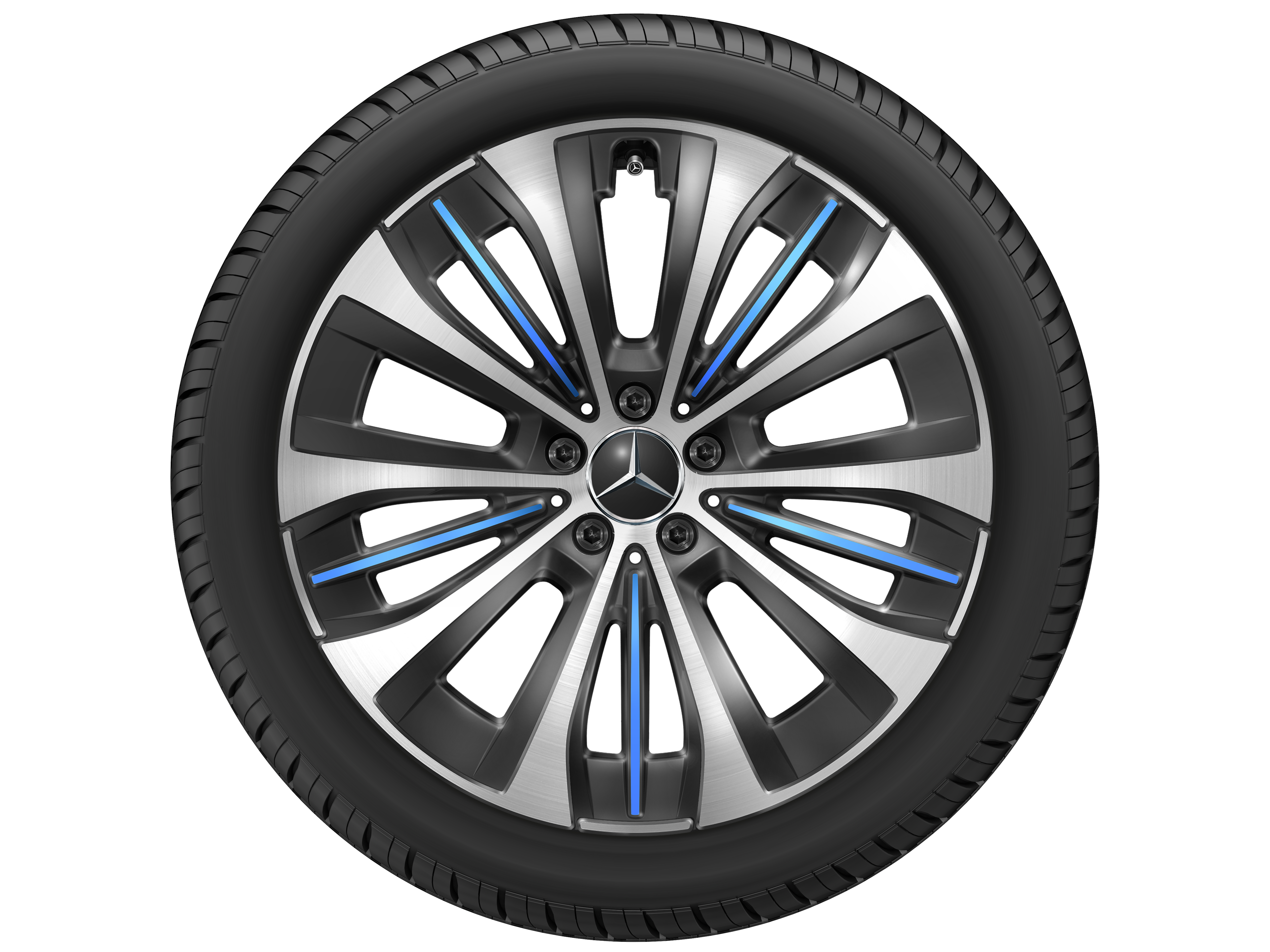 Mercedes-Benz - Vielspeichen-Rad, 20 Zoll 9 J x 20 ET 50, schwarz / blau, glanzgedreht
