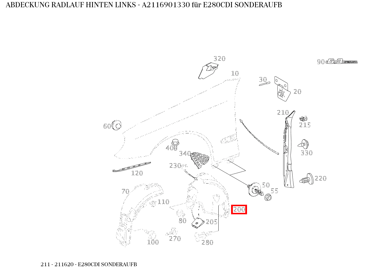 Abdeckung RADLAUF HINTEN LINKS E280CDI SONDERAUFB 211
