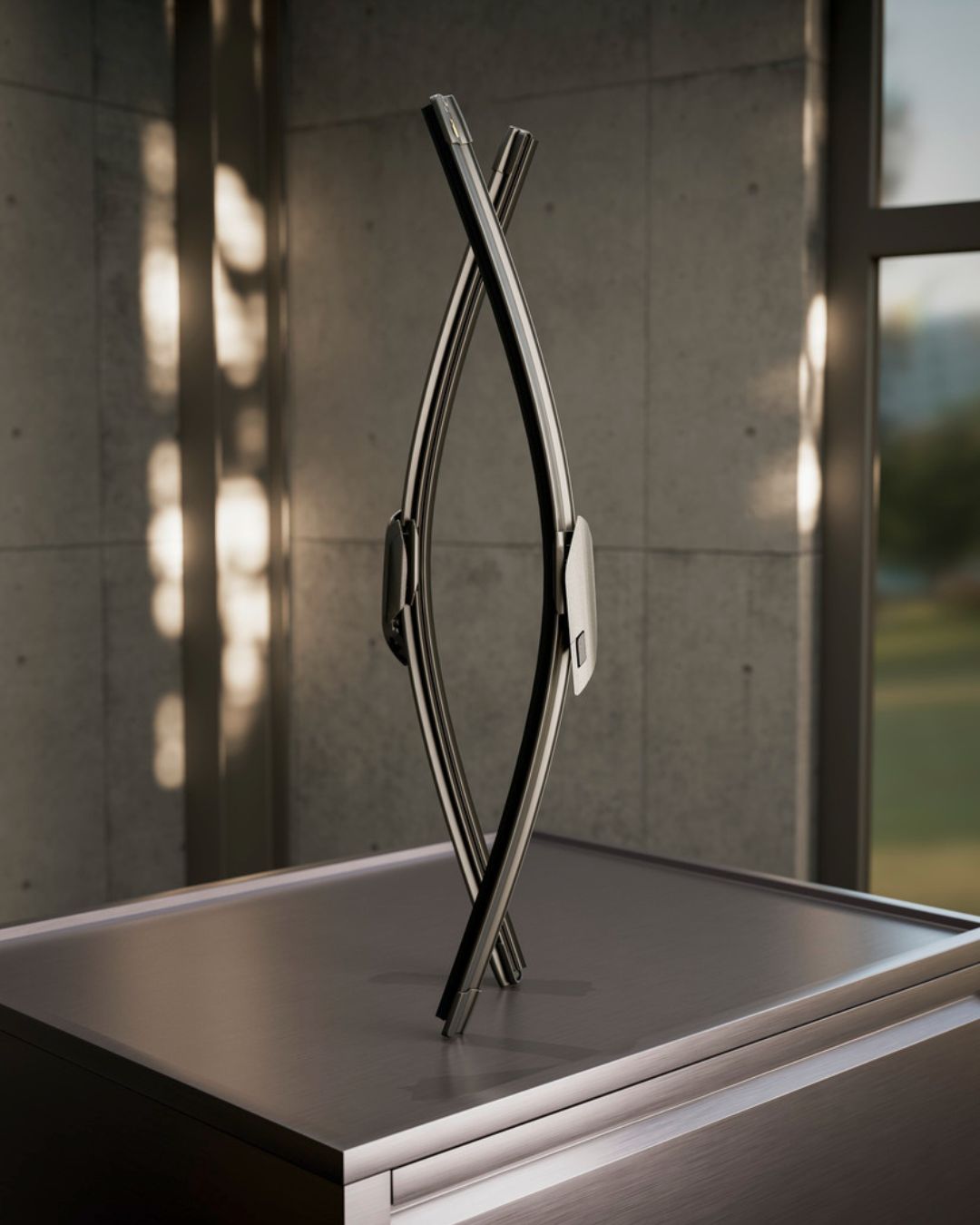 Abgebildet ist ein Satz Mercedes-Benz Wischerblätter aufrecht stehend auf einem grauen Rollcontainer.