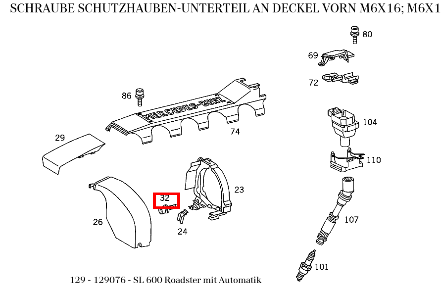 Schraube SCHUTZHAUBEN-UNTERTEIL AN DECKEL VORN M6X16; M6X15 SL 600 Roadster mit Automatik 129