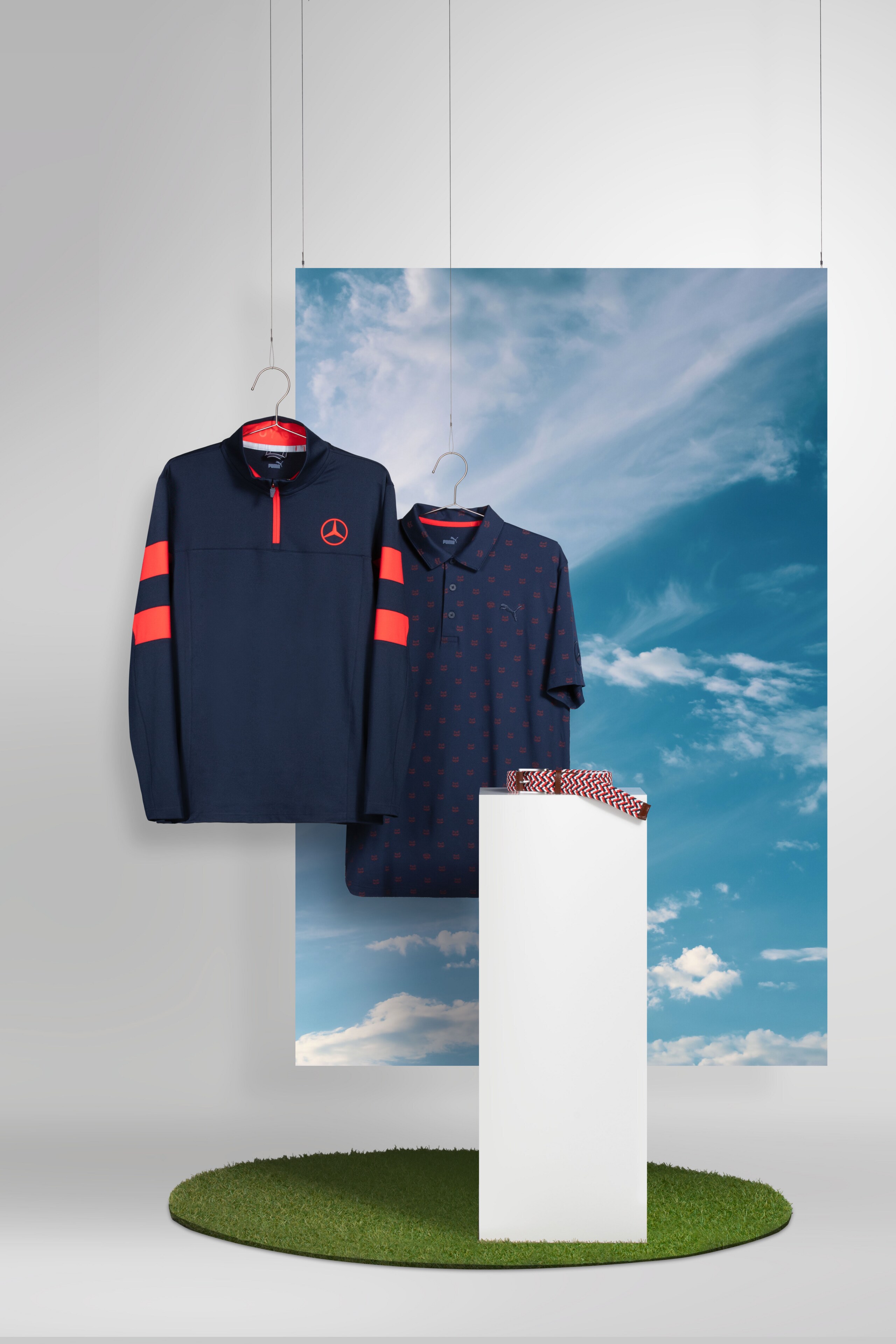 Men's golf polo shirt (navy) & Men's golf sweater (navy/red) & golf belt