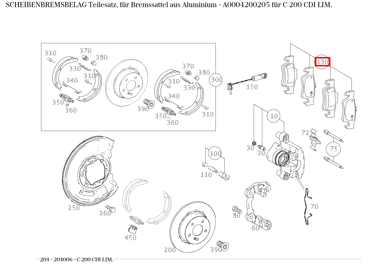 Scheibenbremsbelag Teilesatz, für Bremssattel aus Aluminium C 200 CDI LIM. 204