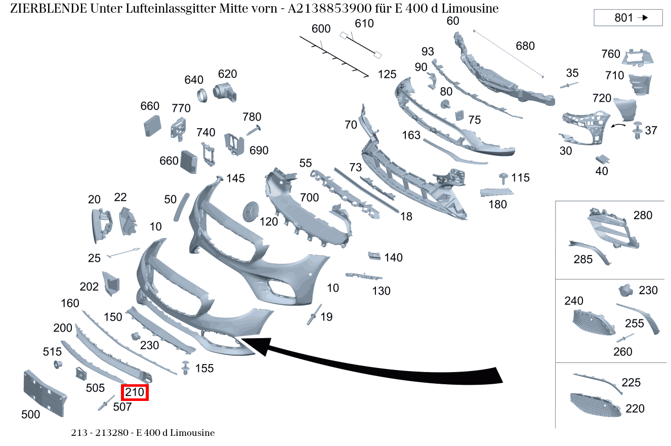 Zierblende Unter Lufteinlassgitter Mitte vorn E 400 d Limousine 213 Zierblende Unter Lufteinlassgitter Mitte vorn E 400 d Limousine 213