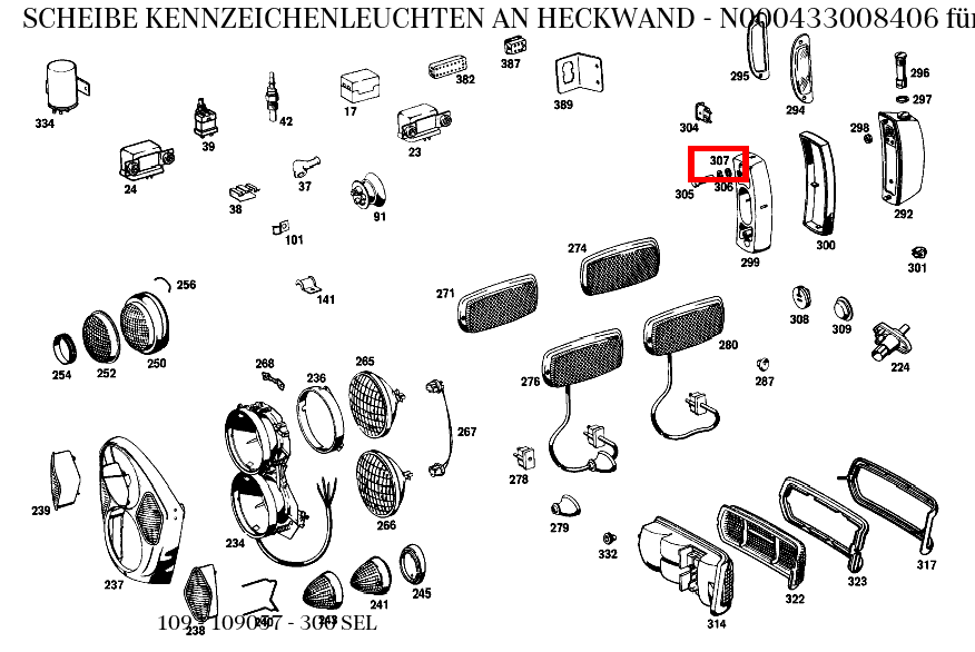 Scheibe KENNZEICHENLEUCHTEN AN HECKWAND 300 SEL 109
