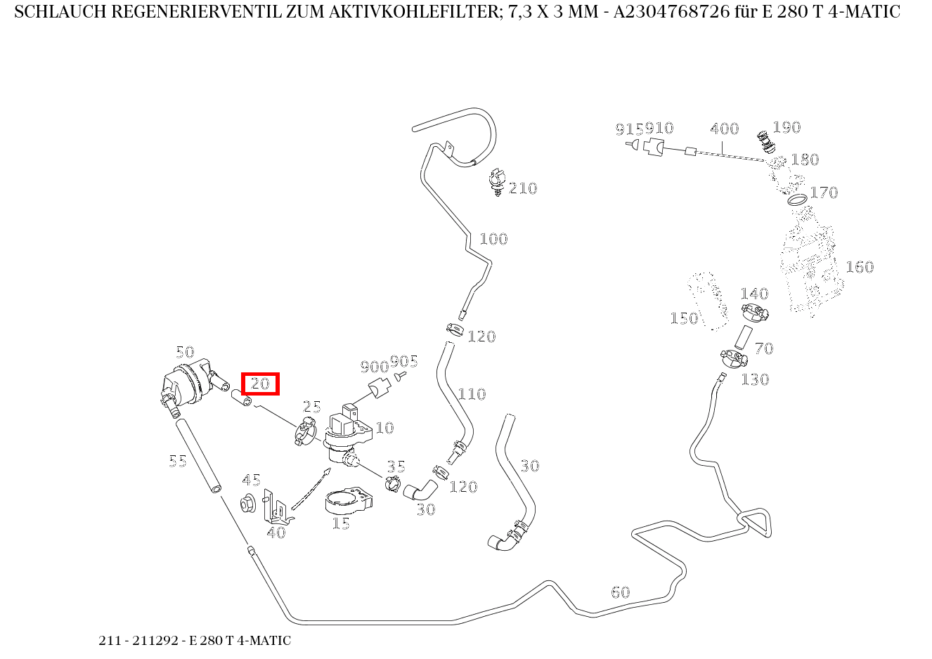 Schlauch REGENERIERVENTIL ZUM AKTIVKOHLEFILTER; 7,3 X 3 MM E 280 T 4-MATIC 211