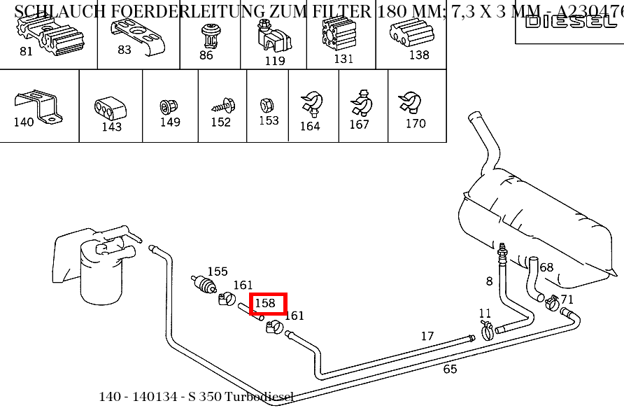 Schlauch FOERDERLEITUNG ZUM FILTER 180 MM; 7,3 X 3 MM S 350 Turbodiesel 140