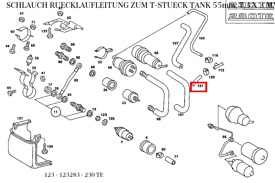 Schlauch RUECKLAUFLEITUNG ZUM T-STUECK TANK 55mm; 7,3 X 3 MM 230 TE 123