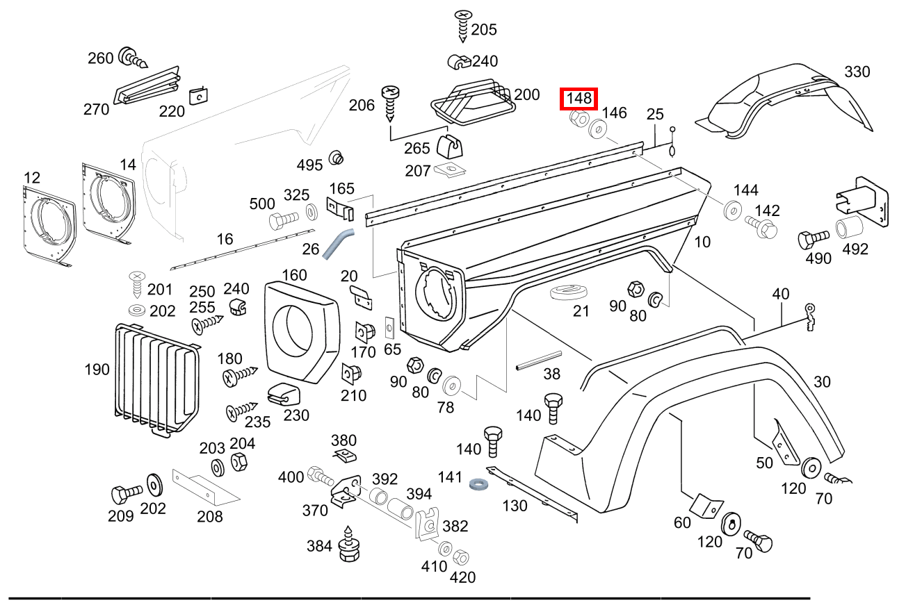 Mutter Kotflügel an Radkasten rechts; M6 G 300 CDI/4X4/3428 Lang 461