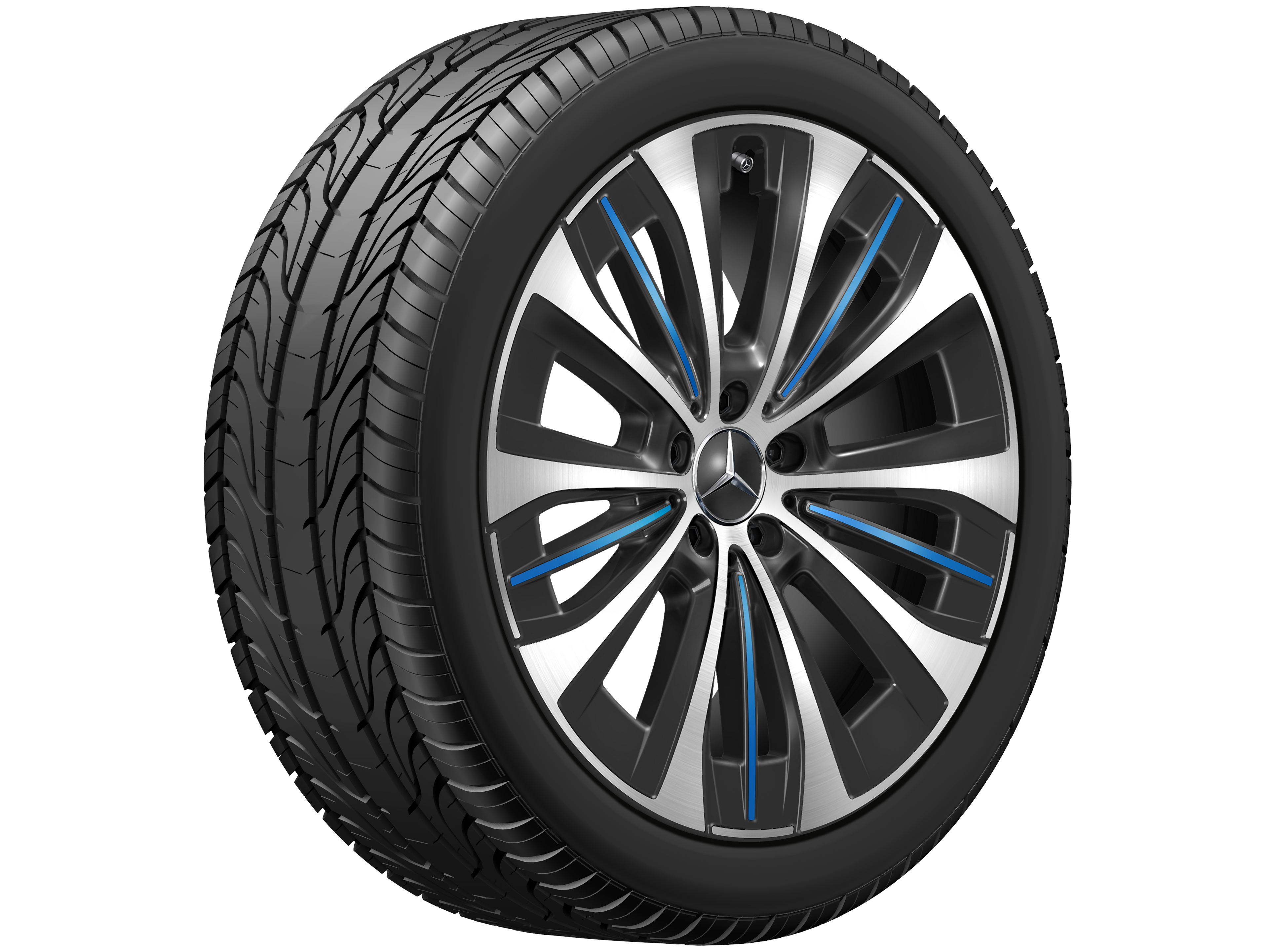 Mercedes-Benz - Vielspeichen-Rad, 20 Zoll 9 J x 20 ET 50, schwarz / blau, glanzgedreht