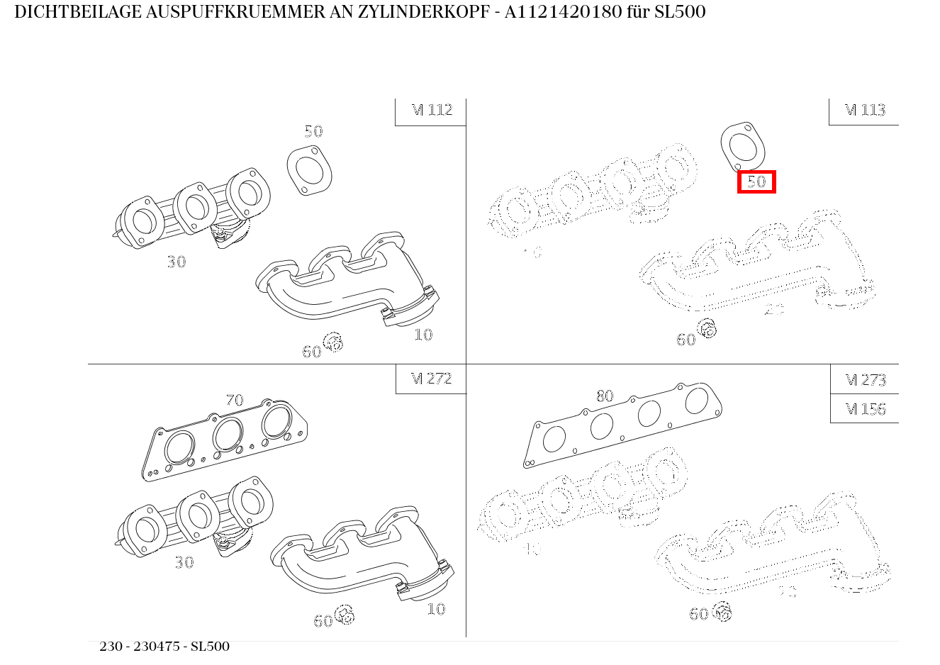 Dichtbeilage AUSPUFFKRUEMMER AN ZYLINDERKOPF SL500 230