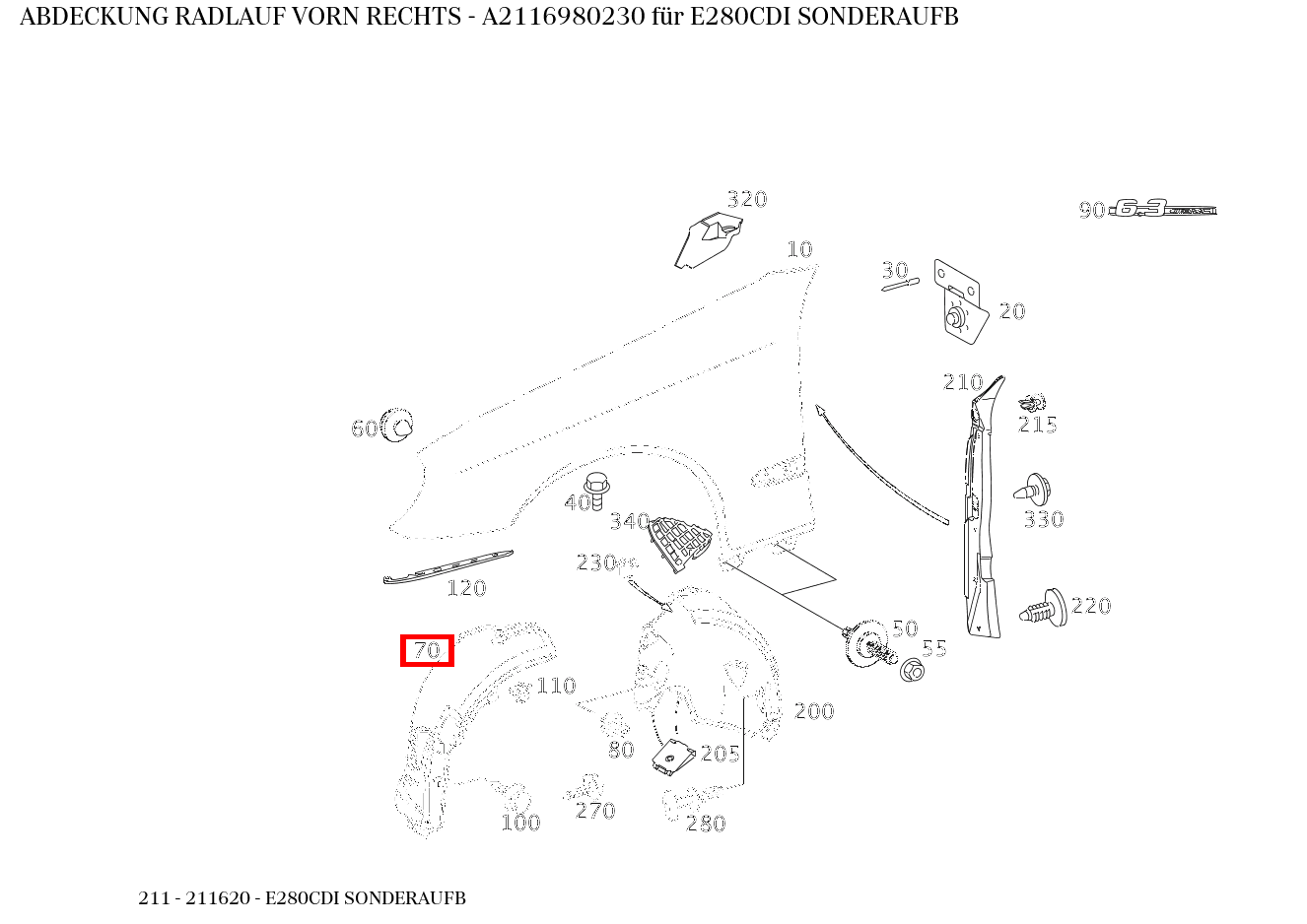 Abdeckung RADLAUF VORN RECHTS E280CDI SONDERAUFB 211