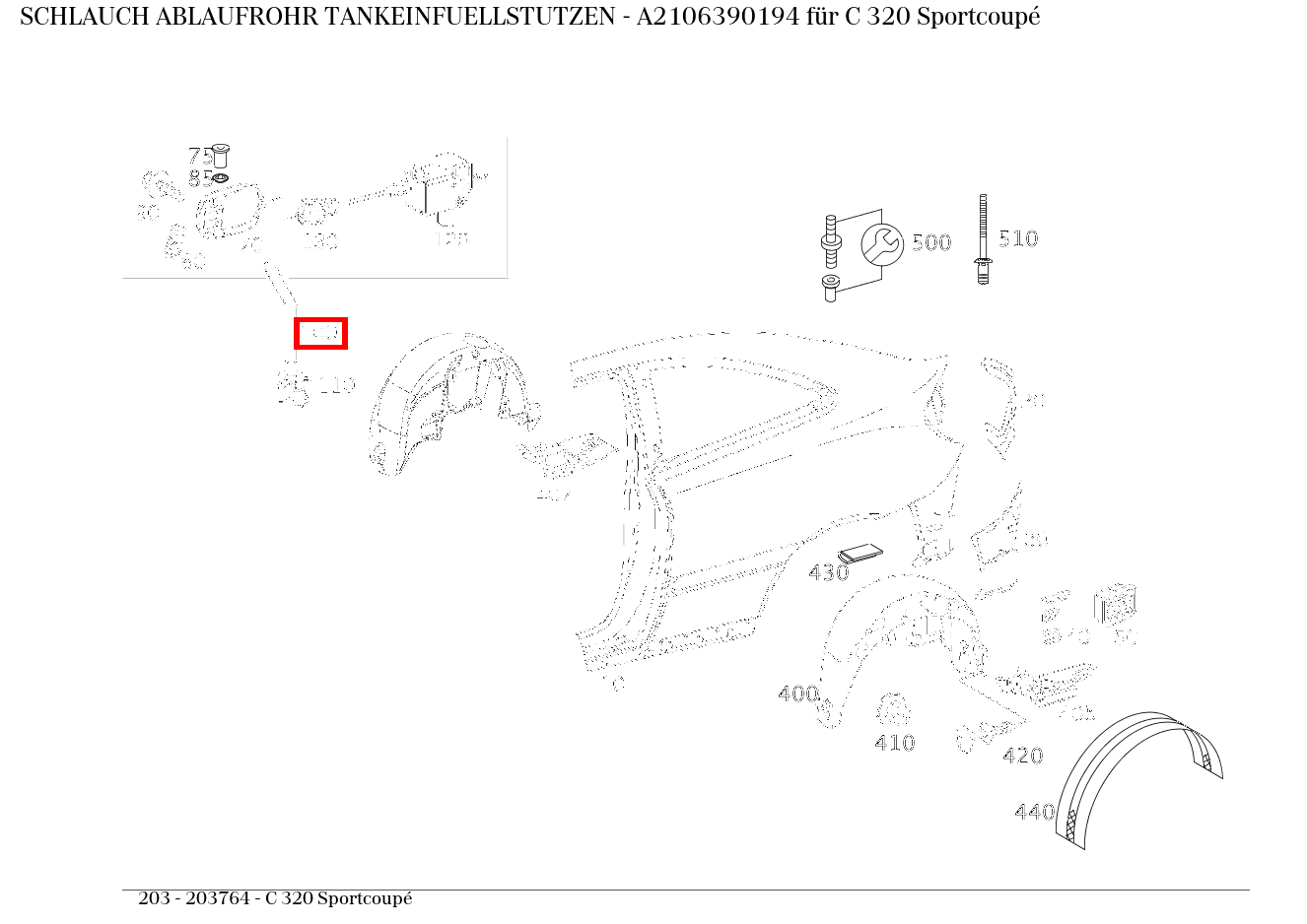 Schlauch ABLAUFROHR TANKEINFUELLSTUTZEN C 320 Sportcoupé 203