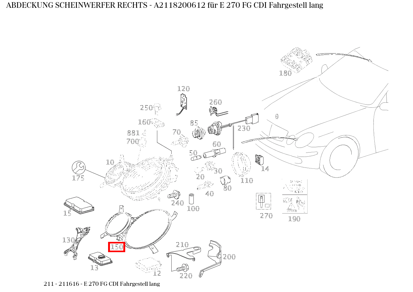 Abdeckung SCHEINWERFER RECHTS E 270 FG CDI Fahrgestell lang 211