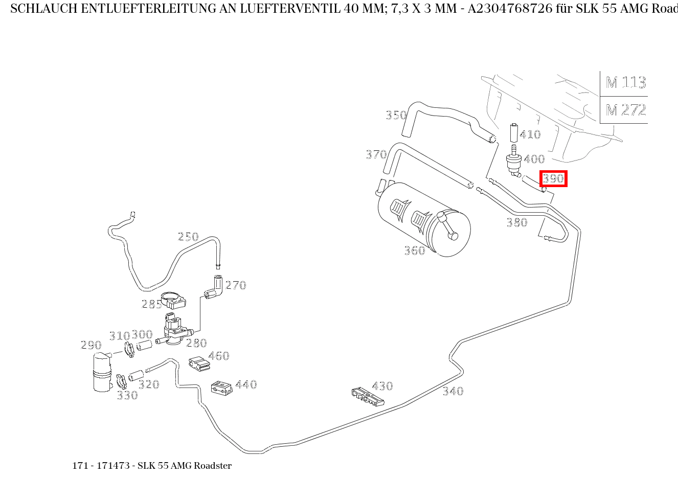 Schlauch ENTLUEFTERLEITUNG AN LUEFTERVENTIL 40 MM; 7,3 X 3 MM SLK 55 AMG Roadster 171