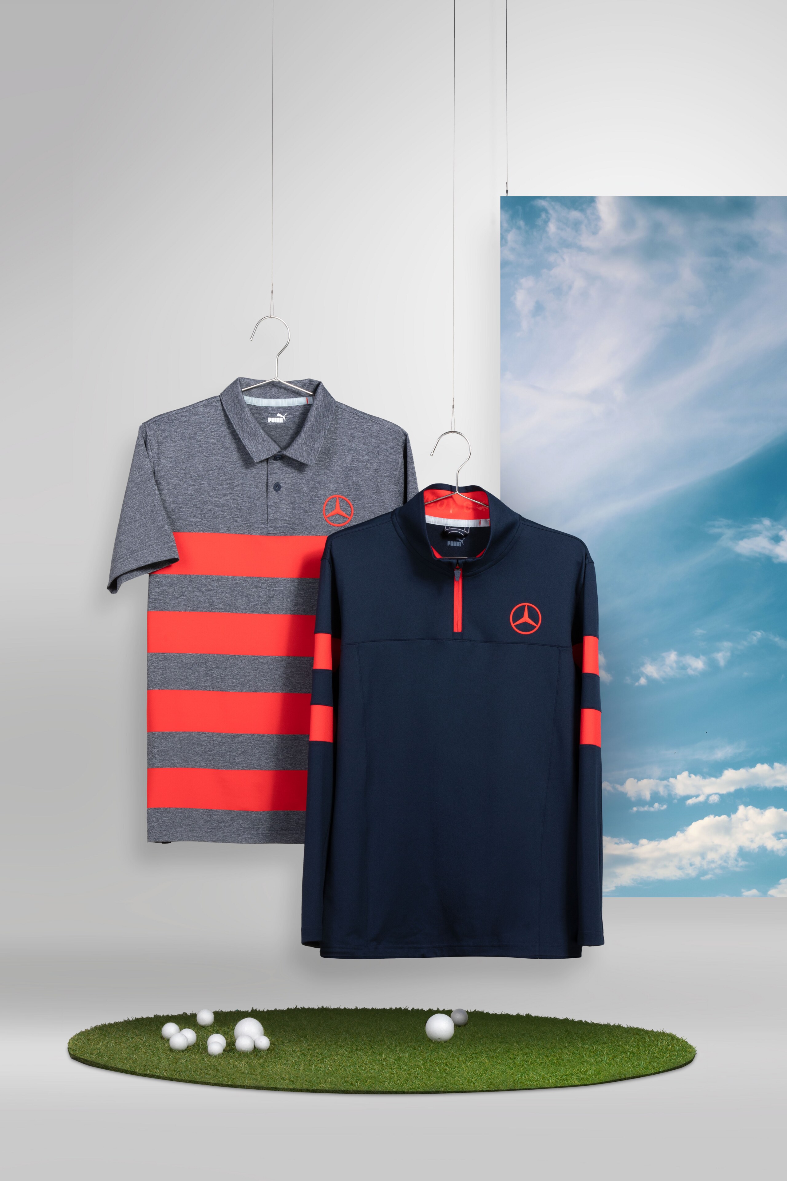 Men's golf polo shirt (grey/red) & Men's golf sweater (navy/red)