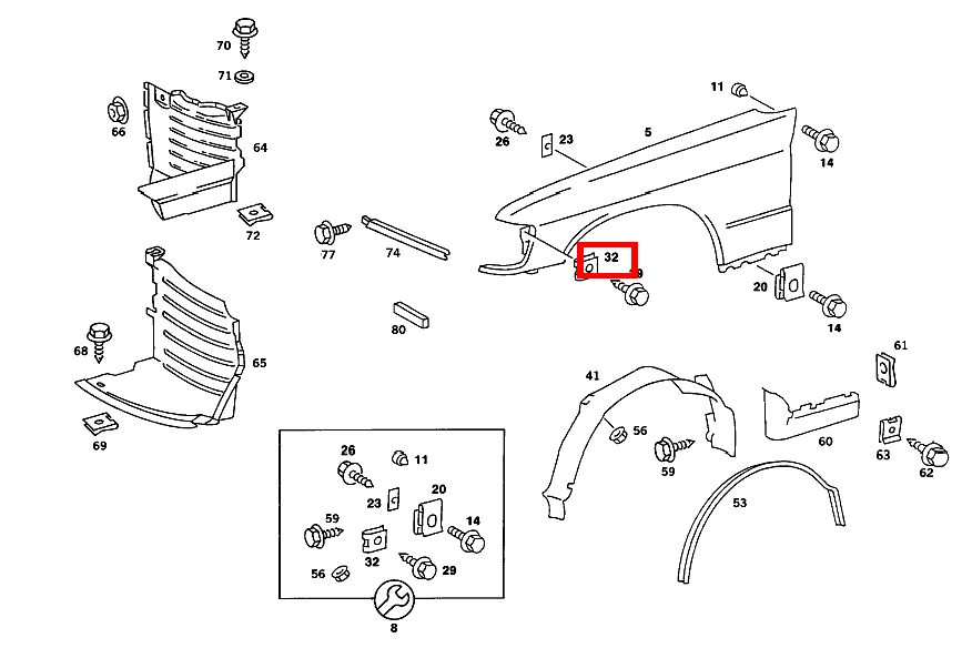 STECKMUTTER VORDERKOTFLUEGEL AN HALTER VERSTEIFUNG VORN SEITLICH 190 D 2.5 Turbo 201